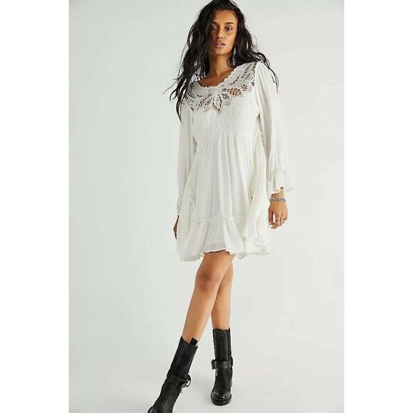 NWT FREE PEOPLE LENA LACE MINI DRESS CROCHET GAUZE IN IVORY - Picture 1 of 4